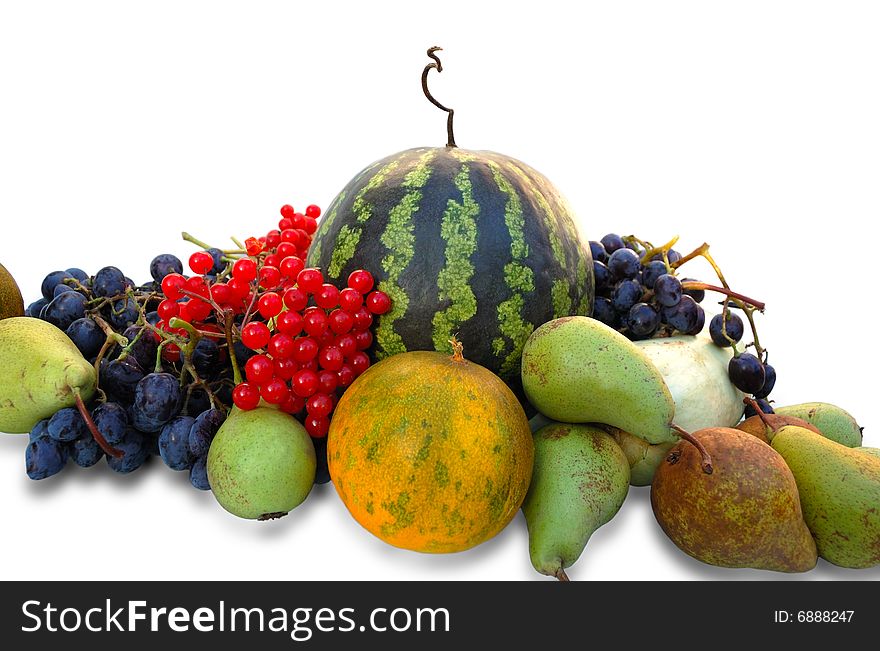 Autumnal fruits: watermelon, melon, grapes, pear and ashberry