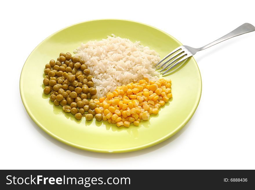 Vegetarian food: rice, green peas and sweet corn