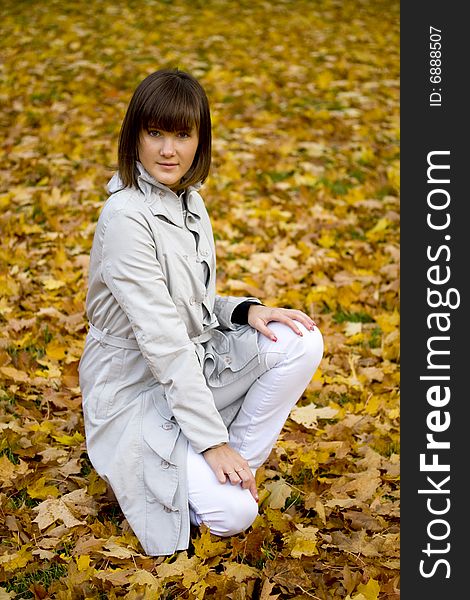 Young woman sits on autumn leaves. Focus on the face. Young woman sits on autumn leaves. Focus on the face.