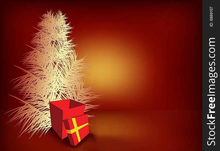 Christmas tree and gift box, vector illustration