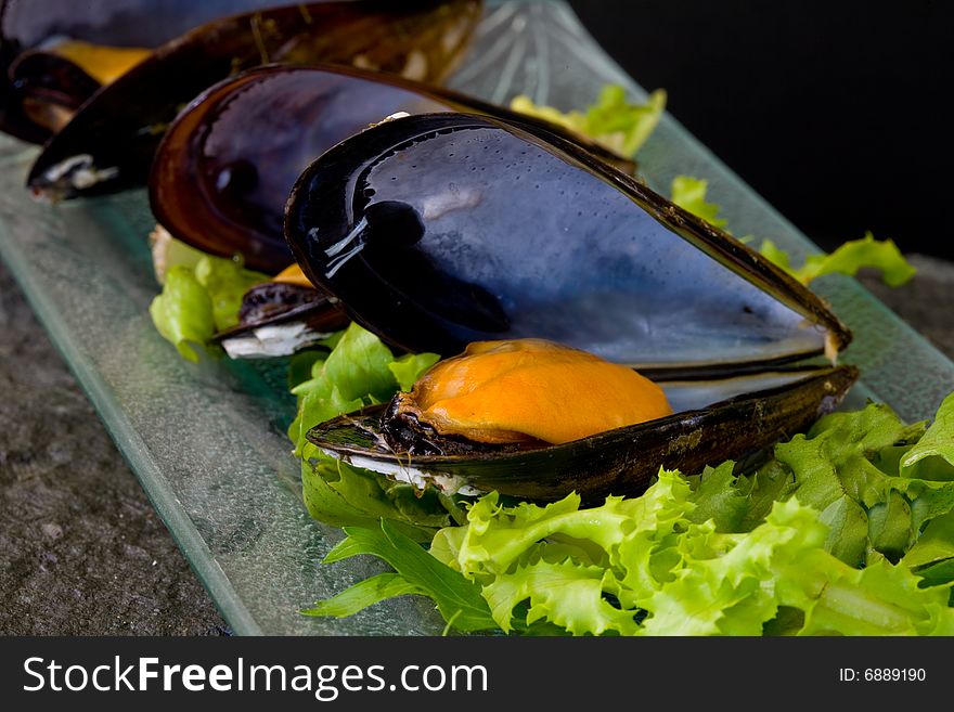 Fresh mussels boiled with parsley on grey glass platter