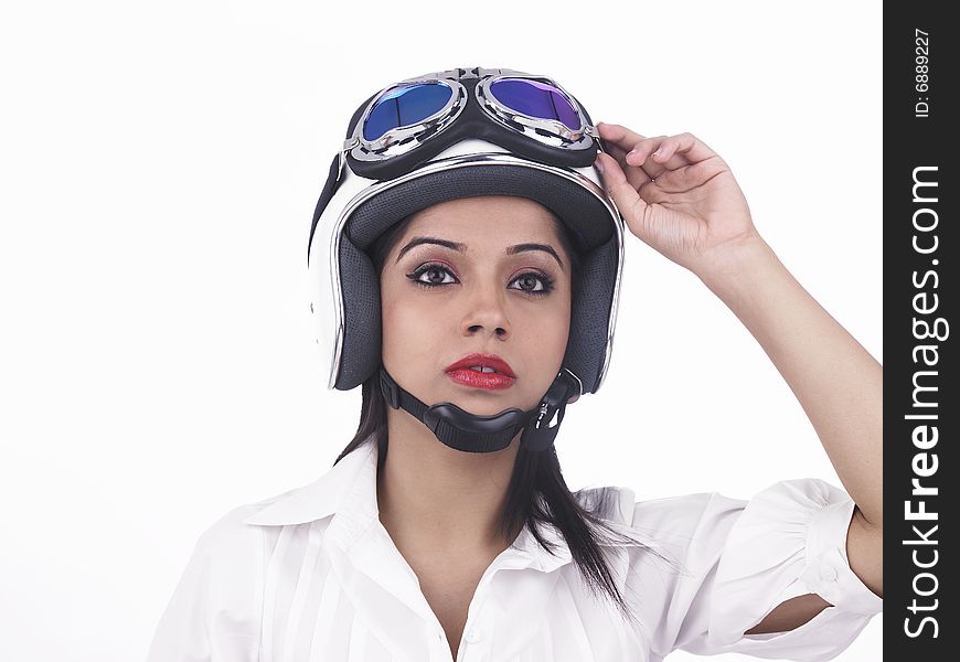 Asian female biker with her helmet