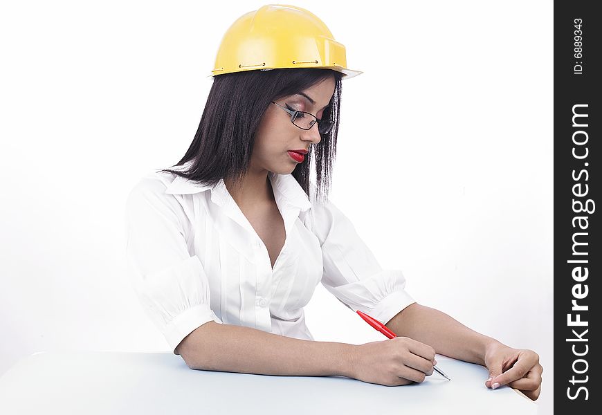 Asian female drafter with a yellow hat