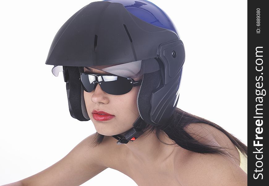 Asian biker girl with a black helmet. Asian biker girl with a black helmet