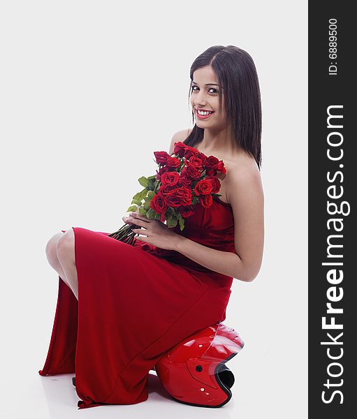 A sexy asian female with a bouquet of roses