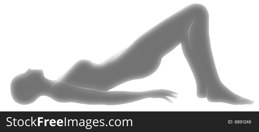 Woman in laying light exercise pose in grey isolated on white. Woman in laying light exercise pose in grey isolated on white.