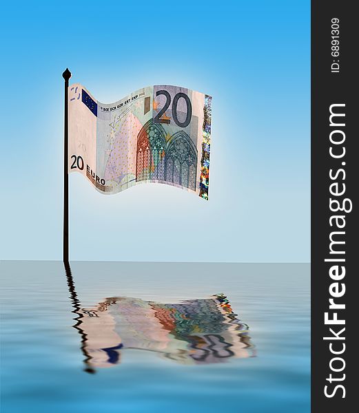 Simulated water effect on Euro note on flag pole. Simulated water effect on Euro note on flag pole