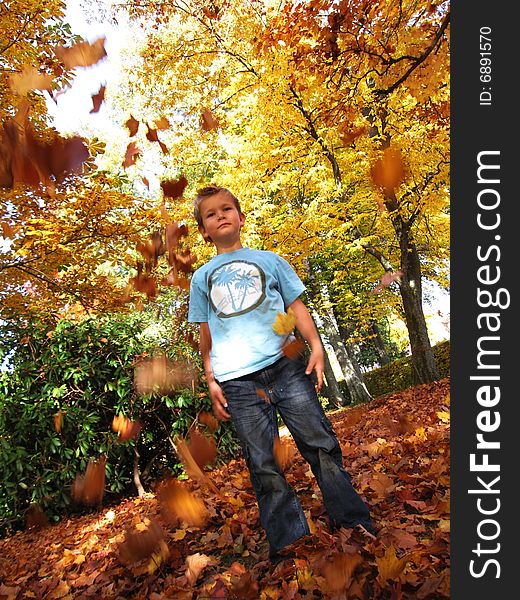 Little boy plays with autumn leaves