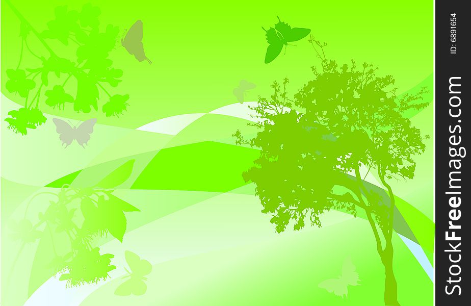 Illustration with green tree, flowers and butterflies background