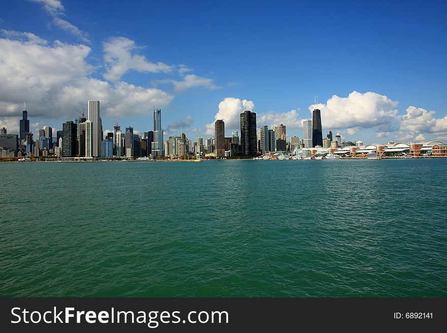The Chicago skyline seen from Lake Michigan. The Chicago skyline seen from Lake Michigan