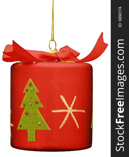 Shiny Red Cylindrical Christmas Ornament with a green tree white snow flake and red bow.