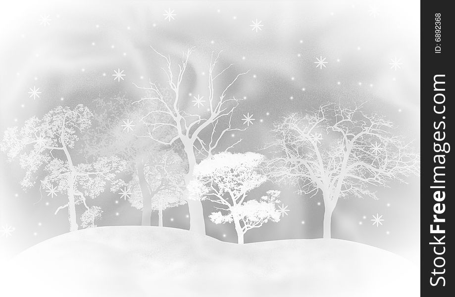 The background showing fur-trees under a snowfall. In white and grey tones