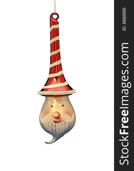 Fun Santa Claus Christmas Ornament with tall red and white hat. Santa has a red nose with rosey cheeks.