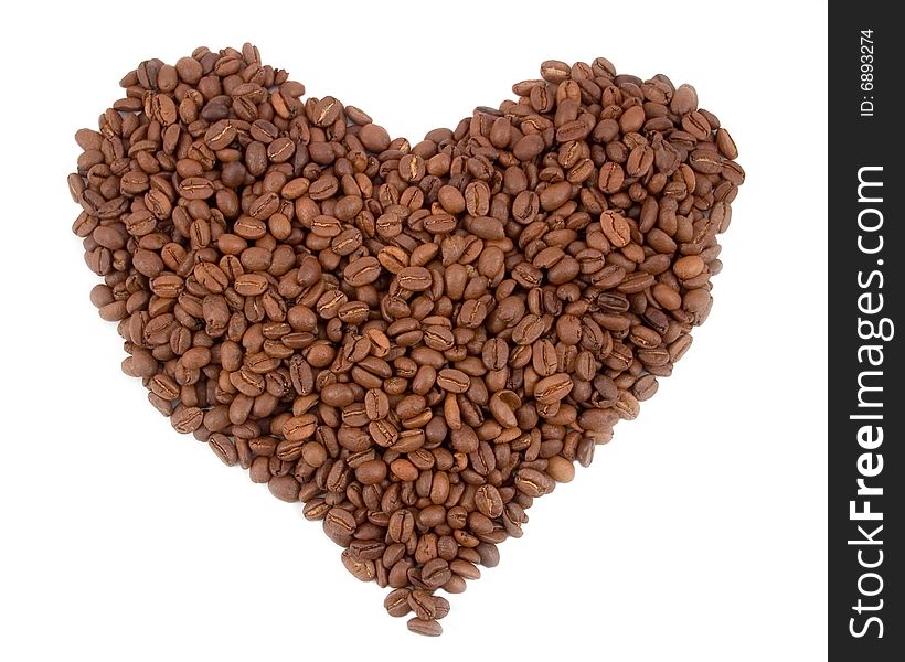Heart from beautiful tasty and fragrant coffee grains on white background. Heart from beautiful tasty and fragrant coffee grains on white background