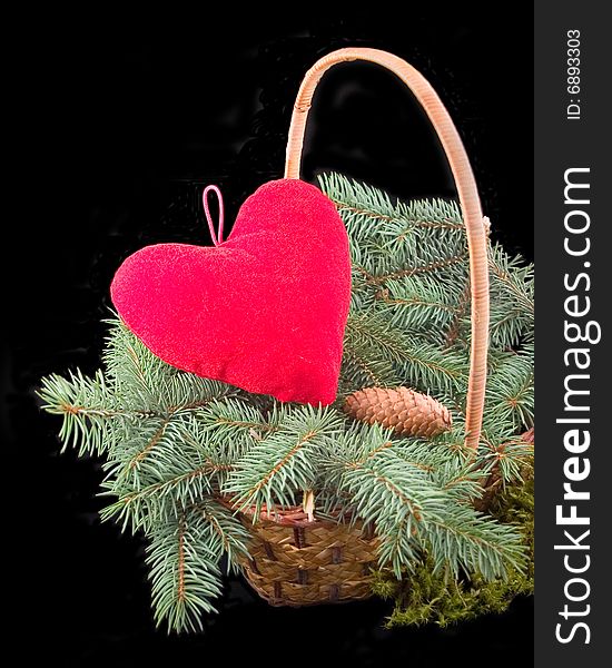 Red heart in yellow wum basket with green prickly branch on black background. Red heart in yellow wum basket with green prickly branch on black background