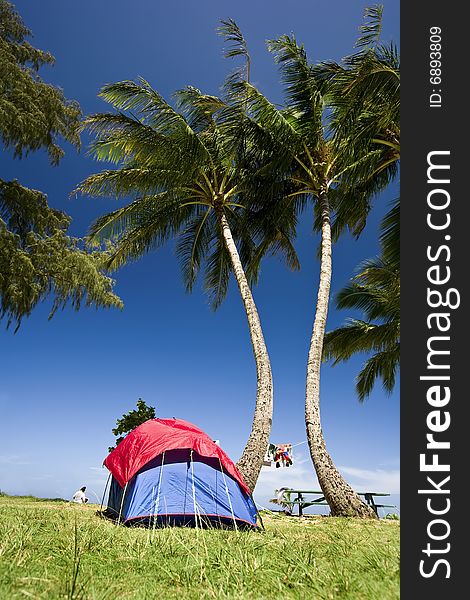 Brigh Blue and red tent with clothes hanging to  dry in Kauai, Hawaii. Brigh Blue and red tent with clothes hanging to  dry in Kauai, Hawaii