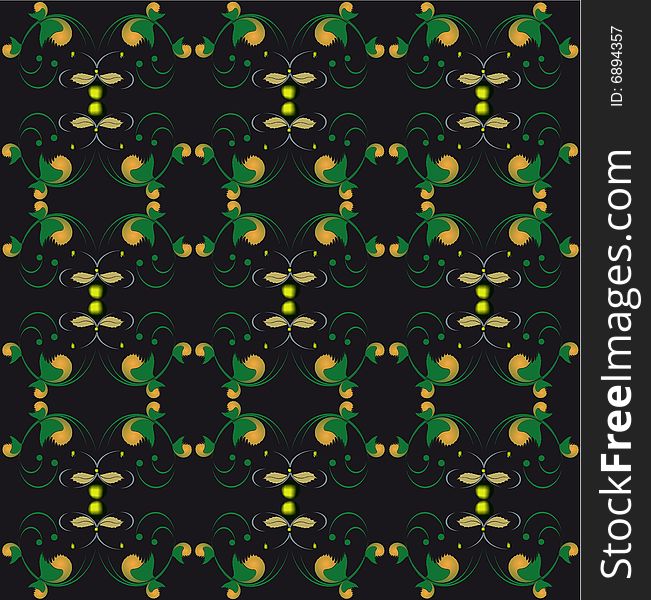 Decorative pattern for wallpapers or fabric. Abstract gold and green figures on a black background. Decorative pattern for wallpapers or fabric. Abstract gold and green figures on a black background.