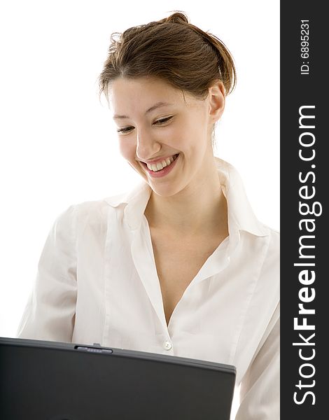 Attractive young woman with laptop on the white. Attractive young woman with laptop on the white
