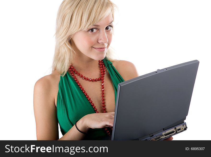 Cute young woman with laptop on the white. Cute young woman with laptop on the white