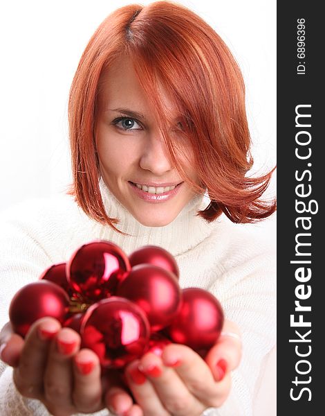 Cute young girl with christmas balls. Cute young girl with christmas balls