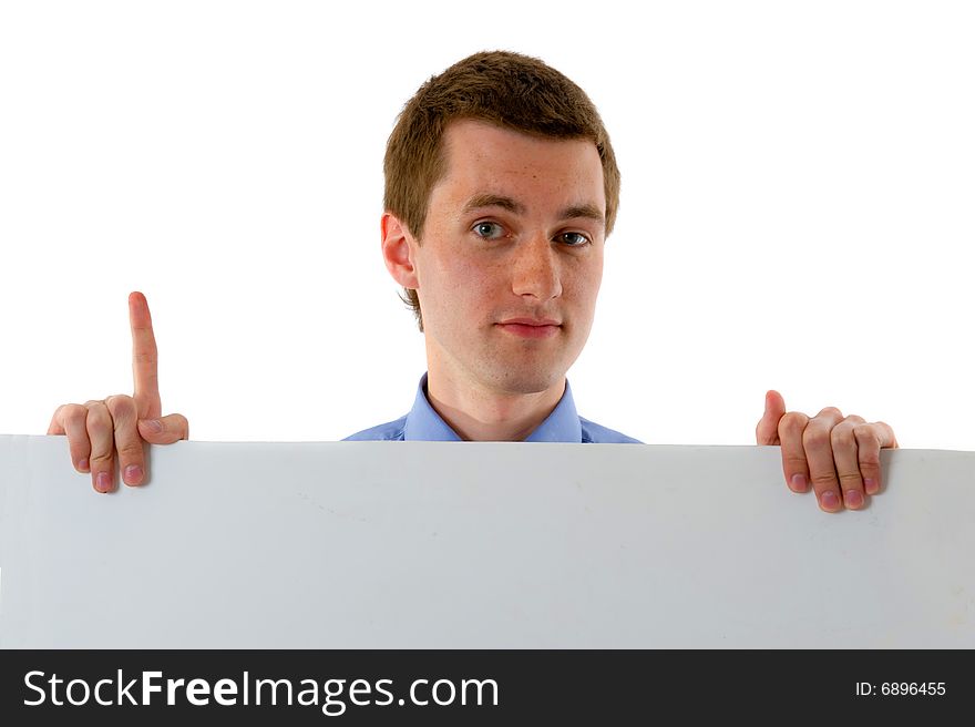 Business Man on blue Shirt holding a billboard.