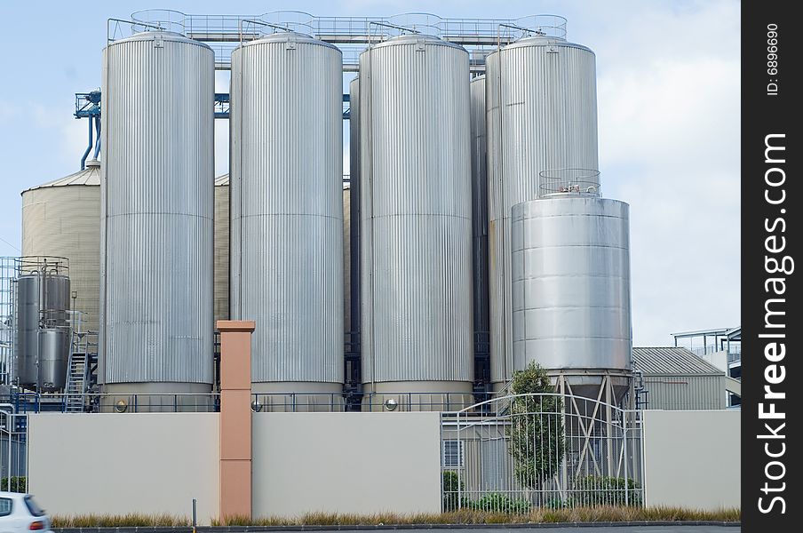 Brewery, Industrial facility exterior,blue sky background