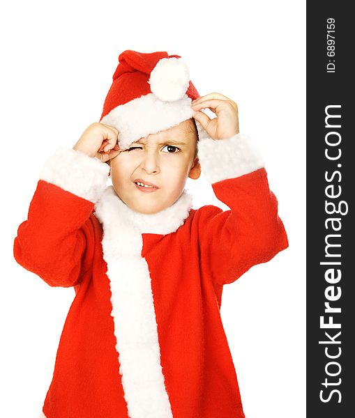 Angry little Santa Claus on the white background