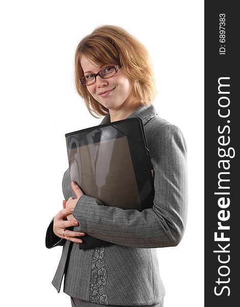 The young girl holds a folder with documents.