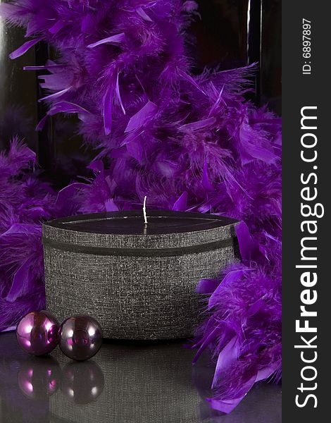 Christmas composition with violet plum and balck candle. Christmas composition with violet plum and balck candle