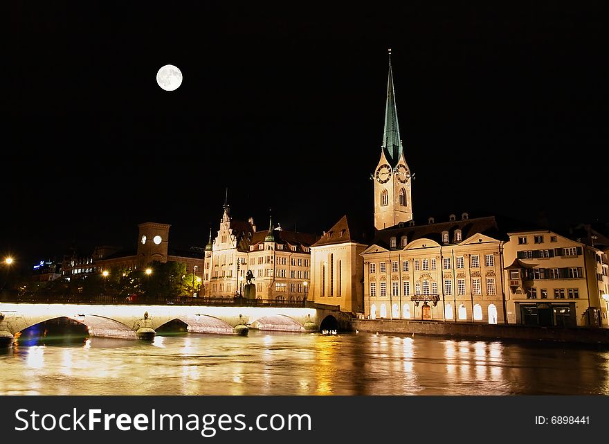 The night view of major landmarks in Zurich Switzerland