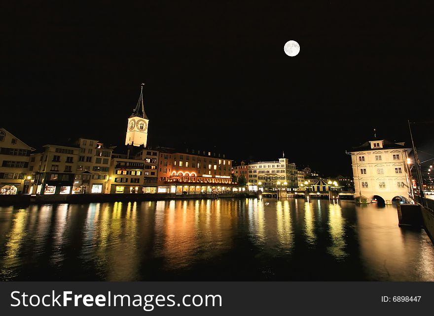 The Night View Of Major Landmarks In Zurich