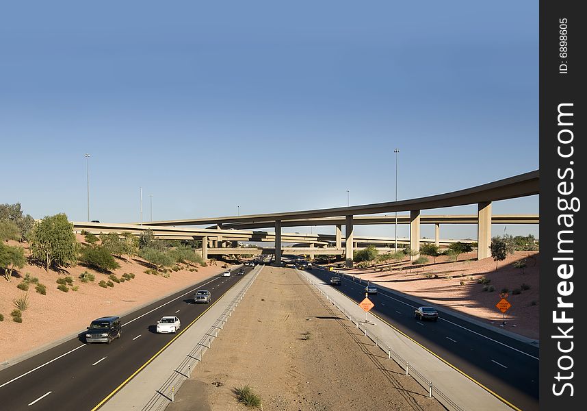 Freeway in Phoenix,Arizona withflyover bridges and interchange exits. Freeway in Phoenix,Arizona withflyover bridges and interchange exits