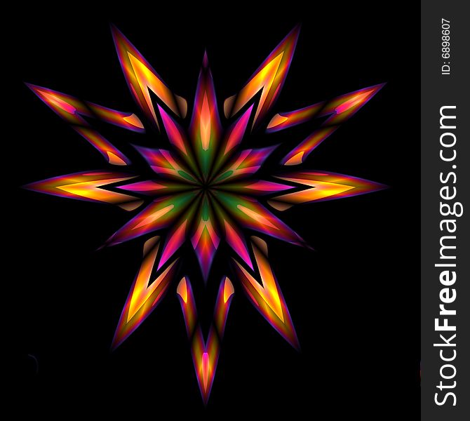 An abstract illustrated star done in shades of green, yellow orange, and purple on a black background. An abstract illustrated star done in shades of green, yellow orange, and purple on a black background.