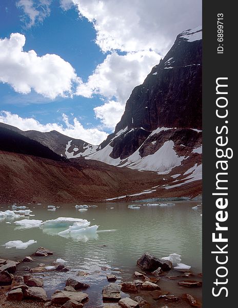 A glacial lake at the foot of Angel Glacier near Mt Edith Cavell in the Canadian Rockies. A glacial lake at the foot of Angel Glacier near Mt Edith Cavell in the Canadian Rockies.