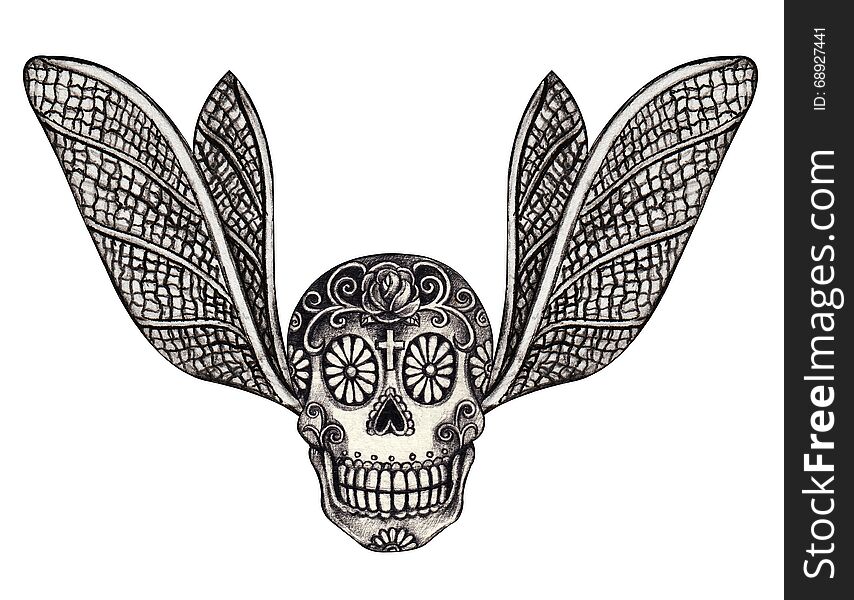 Art skull wings tattoo.