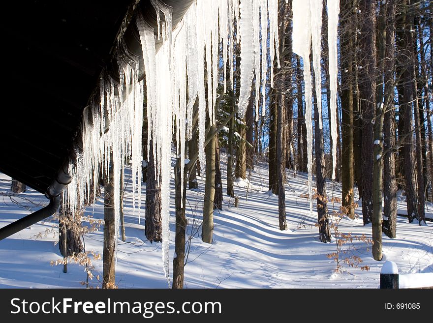 Hanging icicles from an alpine-style ski lodge with wooded snow scene as background. Hanging icicles from an alpine-style ski lodge with wooded snow scene as background