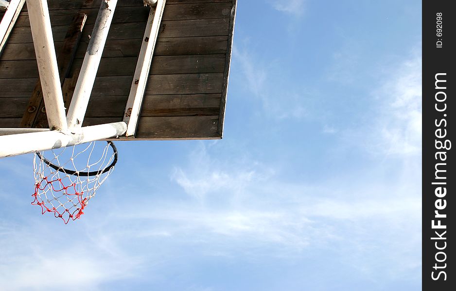 View from under a basketball ring and backboard