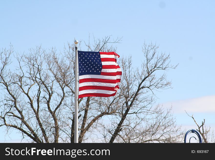 American stars and stripes flag blowing on flagpole with treetops in background. American stars and stripes flag blowing on flagpole with treetops in background.