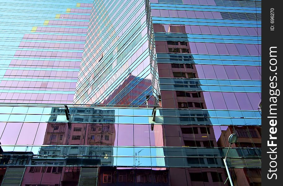 Reflections of gold and blue in office building. Reflections of gold and blue in office building