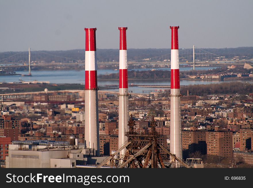 Three industrial chimneys in New York. Three industrial chimneys in New York