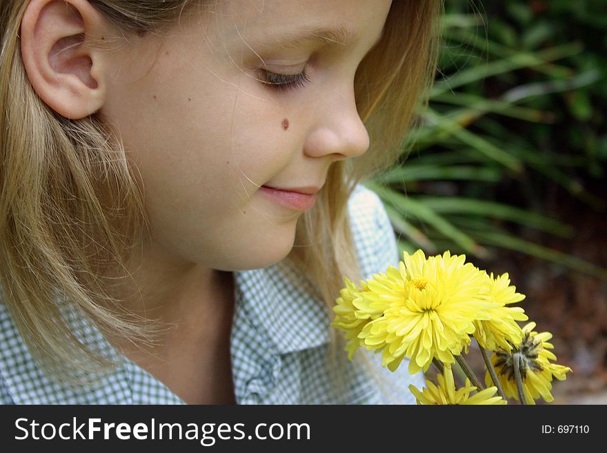 Girl with soft expression looking at yellow flowers. Girl with soft expression looking at yellow flowers