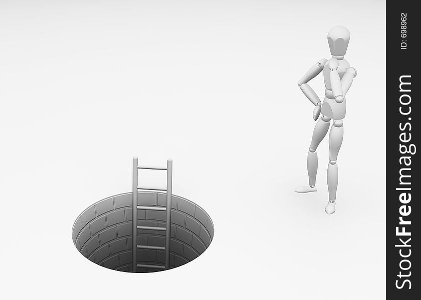 3D render of someone wondering whether or not to climb down the ladder. 3D render of someone wondering whether or not to climb down the ladder