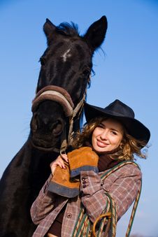Lovely Blond Woman In A Hat Standing By Horse Stock Photos