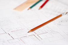 Architectural Plan With Pencils And Ruler Royalty Free Stock Photo