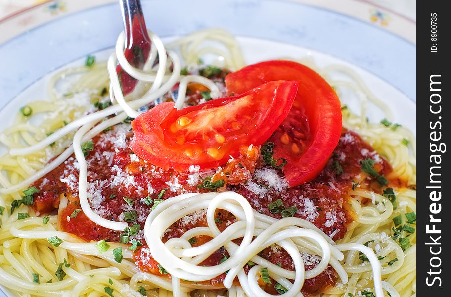 Spaghetti and tomato sauce,close up