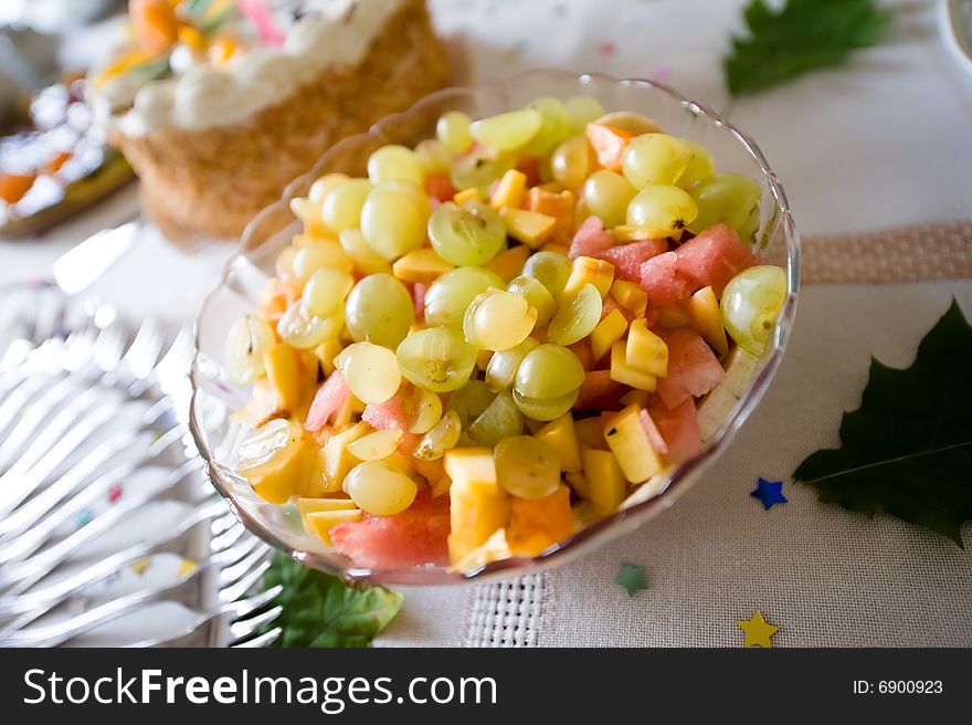 Closeup of plate of fresh fruits on birthday table. Closeup of plate of fresh fruits on birthday table