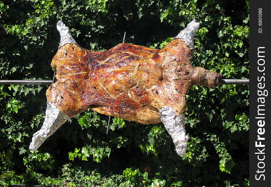 Lamb on a spit being cooked.