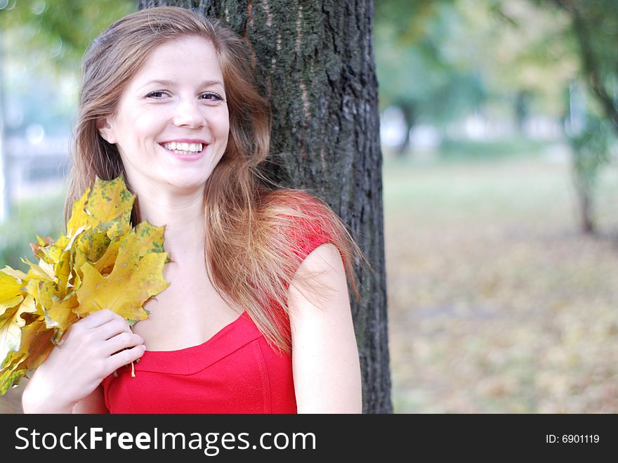 Young happy beautiful woman in red with yellow maple leaves. Young happy beautiful woman in red with yellow maple leaves