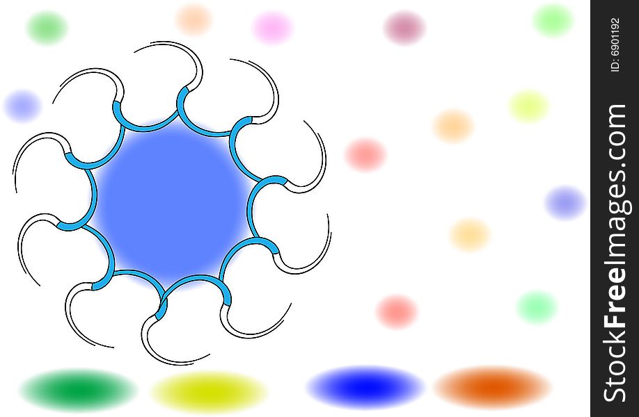 A blue spiral design in a white background with many spotted colours. A blue spiral design in a white background with many spotted colours