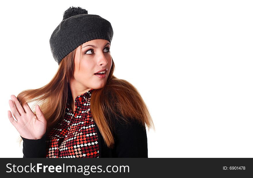 Portrait of beautiful young in beret and jacket. Portrait of beautiful young in beret and jacket